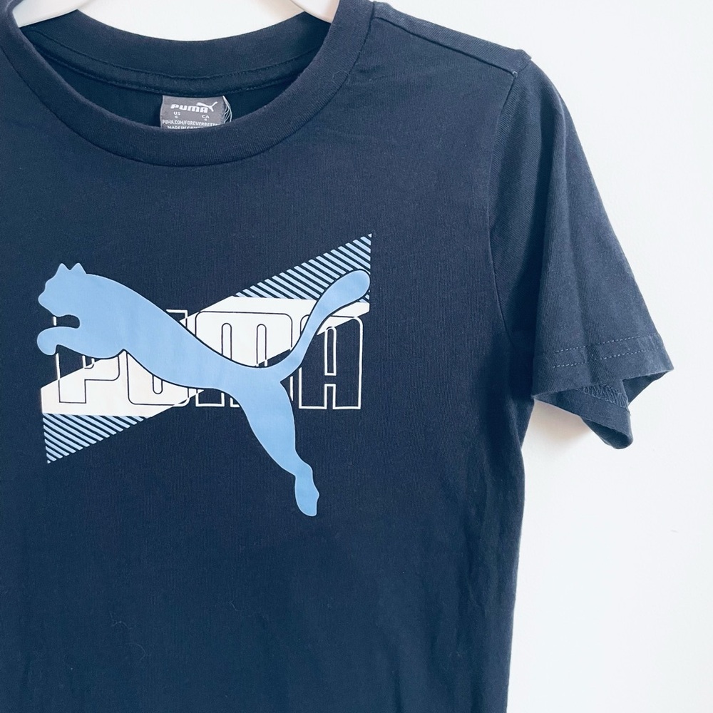 5/$21💥Like New Puma Logo Tee, Navy, Light Blue Puma, White Text, Short Sleeves